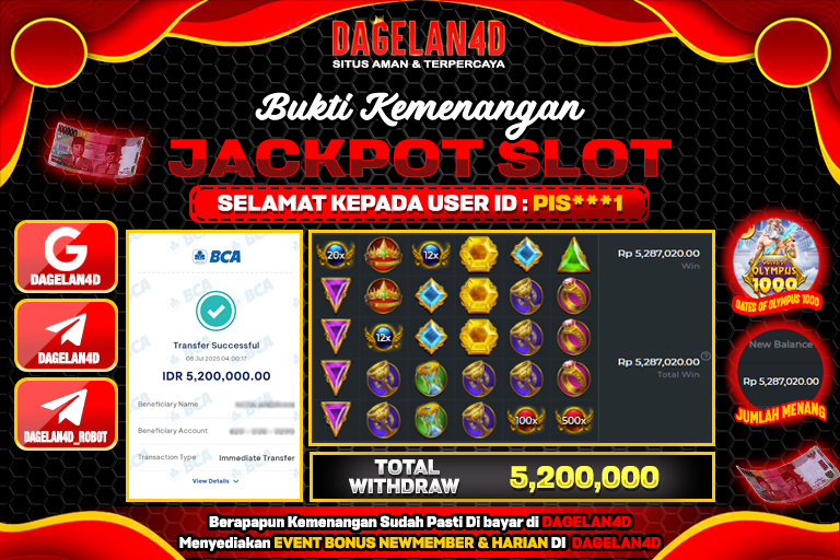 Bukti JP Slot Gates of Olympus 1000 DAGELAN4D 08 JULY 2025 Rp 5.200.000, – LUNAS